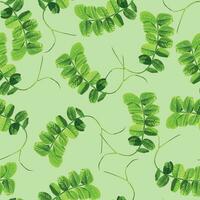 Seamless pattern with green curly leaves on a light green background vector