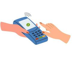 Person pays for a purchase by credit or debit card. Buyer paying on contactless terminal. Digital transaction and wireless transfer concept. Vector illustration with hand and money bills.