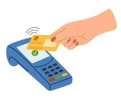 Person pays for a purchase by credit or debit card. Buyer paying on contactless terminal. Digital transaction and wireless transfer concept. Vector illustration with hand and money bills.