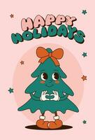 Groovy 70s Christmas card with cute Christmas tree. Trendy retro cartoon style. Festive greeting card, print, invitation, poster, banner, background. vector