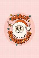 Groovy 70s Christmas card with Santa Claus. Trendy retro cartoon style. Festive greeting card, print, invitation, poster, banner, background. vector