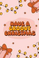 Groovy 70s Christmas card. Trendy retro cartoon style. Festive greeting card, print, invitation, poster, banner, background. vector