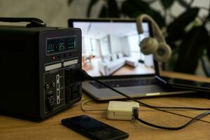 A studio desk with a PC laptop and controller on a wooden desk photo