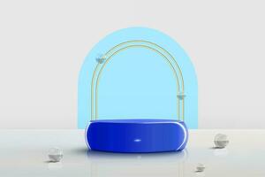 Podium stand scene for product placement with glass balls and golden arch vector