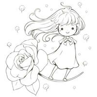 Girl, rose and grass flower doodle vector