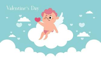 Valentine's Day Illustration with Cute Cupid Isolated on the Sky Clouds Background vector