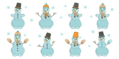 Set of cute funny snowmen line art. vector