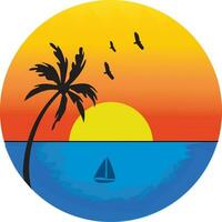 a sunset with a sailboat and palm tree vector