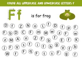 Find and dot all letters F. Educational worksheet for learning alphabet. Cute frog. vector