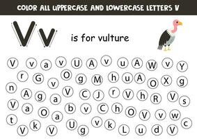 Find and dot all letters V. Educational worksheet for learning alphabet. Cute vulture. vector