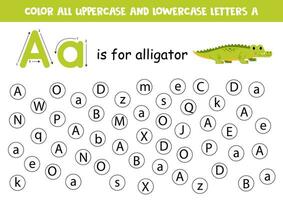 Find and dot all letters A. Educational worksheet for learning alphabet. Cute alligator. vector