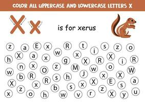 Find and dot all letters X. Educational worksheet for learning alphabet. Cute xerus. vector