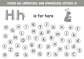 Find and dot all letters H. Educational worksheet for learning alphabet. Cute hare. vector