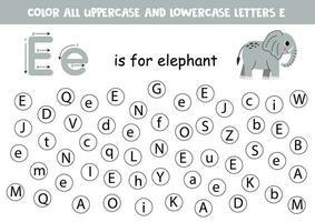 Find and dot all letters E. Educational worksheet for learning alphabet. Cute elephant. vector