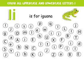 Find and dot all letters I. Educational worksheet for learning alphabet. Cute green iguana. vector