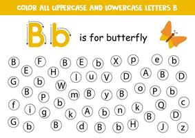 Find and dot all letters B. Educational worksheet for learning alphabet. Cute butterfly. vector