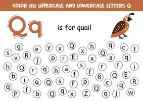 Find and dot all letters Q. Educational worksheet for learning alphabet. Cute quail bird. vector