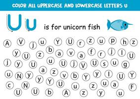 Find and dot all letters U. Educational worksheet for learning alphabet. Cute unicorn fish. vector