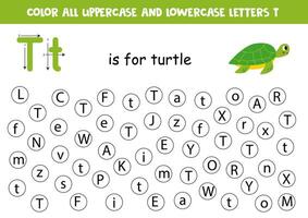 Find and dot all letters T. Educational worksheet for learning alphabet. Cute turtle. vector