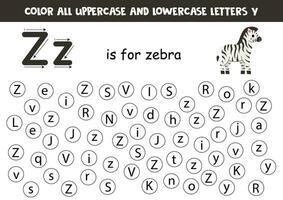 Find and dot all letters Z. Educational worksheet for learning alphabet. Cute zebra. vector