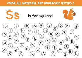 Find and dot all letters S. Educational worksheet for learning alphabet. Cute squirrel. vector