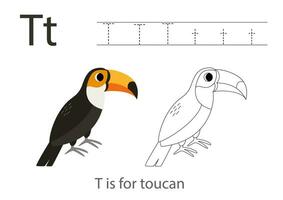 Tracing alphabet letters with cute animals. Color cute toucan. Trace letter T. vector