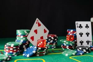 Casino red Craps dice with USD 100 bills Shallow depth of field photo