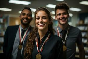 ai generado hembra empleado recibe prestigioso premio desde ejecutivo equipo, reconocimiento y recompensa imágenes foto