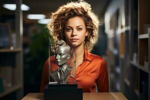 AI generated Female employee receives prestigious award from executive team, recognition and reward images photo