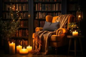 AI generated A knitted pillow surrounded by fairy lights creating a dreamy and enchanting atmosphere in a corner of the room, hygge concept photo