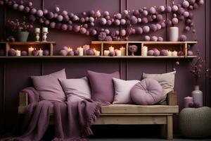 AI generated A knitted pillow surrounded by fairy lights creating a dreamy and enchanting atmosphere in a corner of the room, hygge concept photo