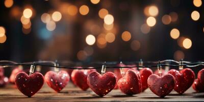 AI generated Happy Valentine's Day Wedding Birthday Background Banner Panoramic Greeting Red Hearts Hanging On Wooden Clothespins Rope With Bokeh Lights On Background photo