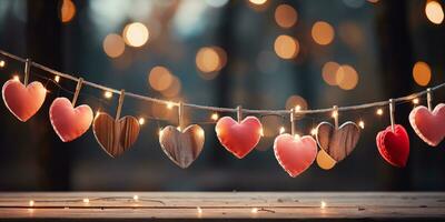 AI generated Happy Valentine's Day Wedding Birthday Background Banner Panoramic Greeting Red Hearts Hanging On Wooden Clothespins Rope With Bokeh Lights On Background photo