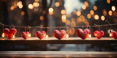 AI generated Happy Valentine's Day Wedding Birthday Background Banner Panoramic Greeting Red Hearts Hanging On Wooden Clothespins Rope With Bokeh Lights On Background photo