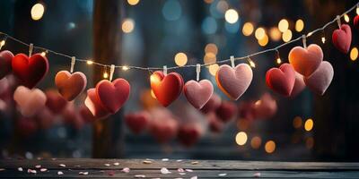 AI generated Happy Valentine's Day Wedding Birthday Background Banner Panoramic Greeting Red Hearts Hanging On Wooden Clothespins Rope With Bokeh Lights On Background photo