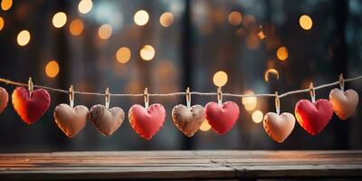 AI generated Happy Valentine's Day Wedding Birthday Background Banner Panoramic Greeting Red Hearts Hanging On Wooden Clothespins Rope With Bokeh Lights On Background photo