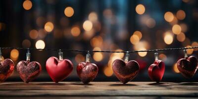 AI generated Happy Valentine's Day Wedding Birthday Background Banner Panoramic Greeting Red Hearts Hanging On Wooden Clothespins Rope With Bokeh Lights On Background photo