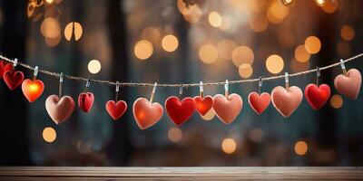 AI generated Happy Valentine's Day Wedding Birthday Background Banner Panoramic Greeting Red Hearts Hanging On Wooden Clothespins Rope With Bokeh Lights On Background photo