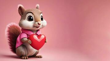 AI generated Cute squirrel with heart on pink background. Funny animal character rodent in love. Valentine photo