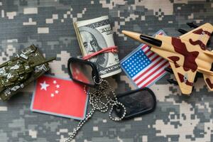 Close up of american flag china and soldiers badges.Veterans Day Concept. photo