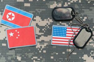 USA and North Korea military relations, Identification dog tags on digital camouflage fabric. 3d illustration photo