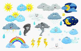 dibujos animados clima caracteres, linda nube, sol, lluvia vector