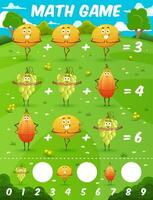 Math game worksheet with cartoon fruits characters vector