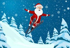 Christmas Santa jumps from springboard on ski vector