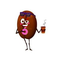 Cartoon coffee bean character with drink and donut vector