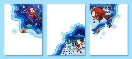 Navidad papel cortar carteles con Papa Noel llevar regalos vector