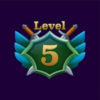 Game 5 level badge on shield with swords for GUI vector