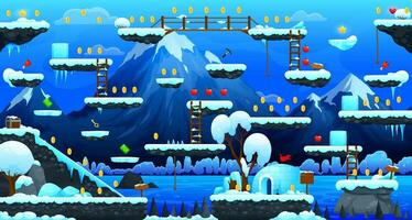 Arcade game level map with mountains ice platforms vector