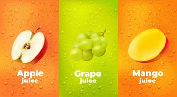 Water drops juice background, apple, grape, mango vector