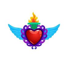 Mexican sacred heart with wings and burning fire vector